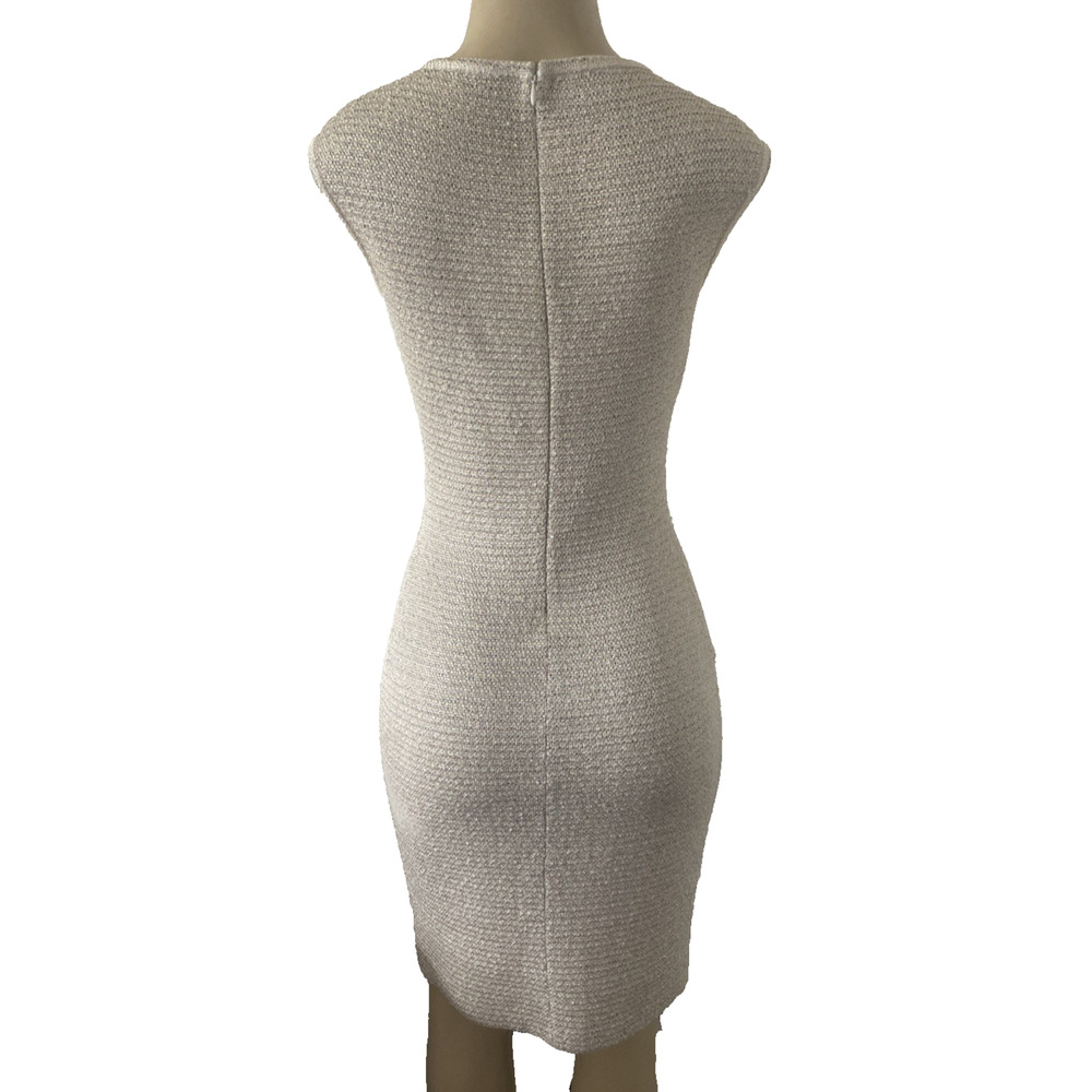St John Dress Sheath Mini Sleeveless Tan Beige Metallic Scoop Neck Oatmeal 2 XS - Picture 4 of 12